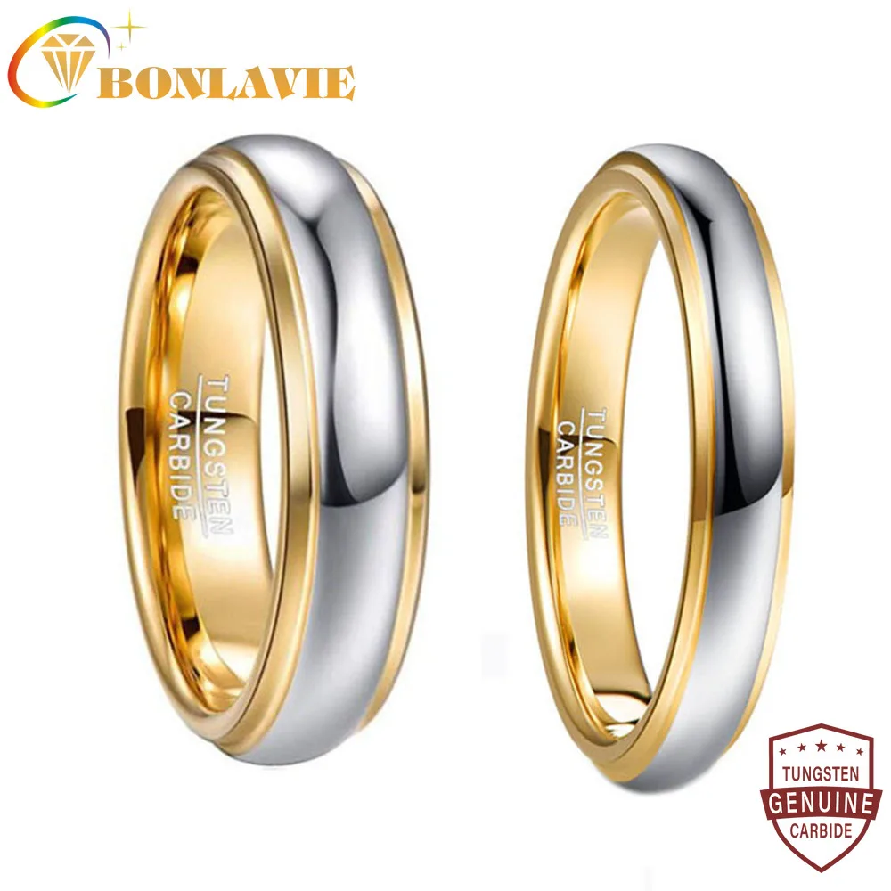 

BONLAVIE 6mm 4mm Width Domed Polished Step Gold Color Plating Tungsten Steel Ring Wedding Band Comfort Fit Tungsten Carbide Ring