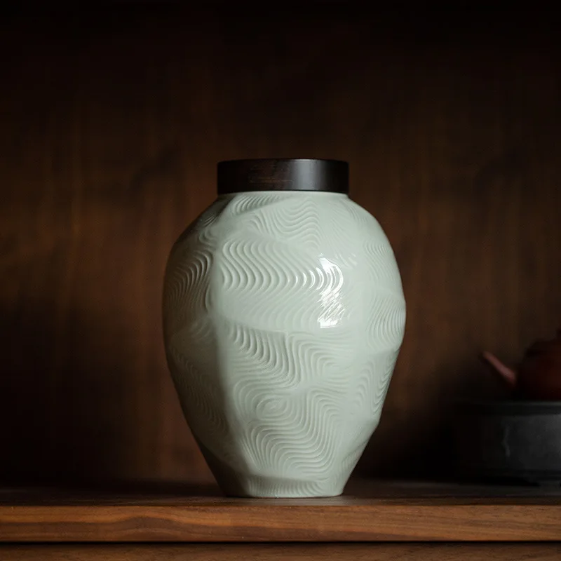 

Creative Irregular Ceramic Jar with Wooden Lid Three-dimensional Relief Sealed Tea Jar Living Room Entrance Decoration Ornaments