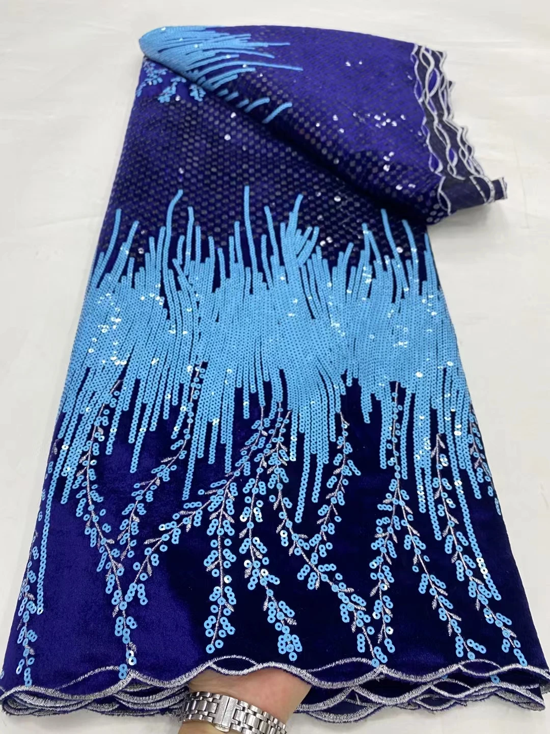 

Blue African Velvet Lace Fabric 2024 Luxury French Embroidered Sequin Fabrics Sewing Dresses Material for Wedding Party 5Yards