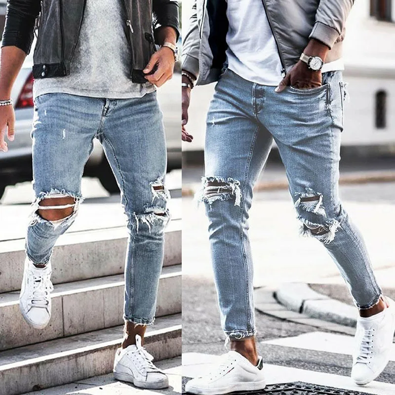 

Мужские однотонные облегающие винтажные джинсы с дырками, модные потертые рваные узкие джинсовые брюки для мужчин, новинка 2023, мужские джинсы в стиле хип-хоп