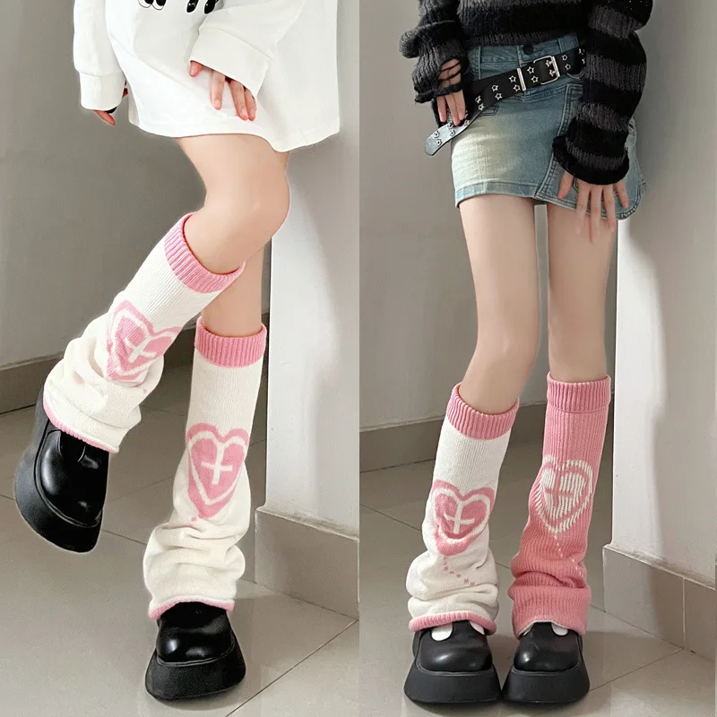 

Gothic Leg Warmers Y2K Heart Cross Leg Warmers Women Harajuku Warm Socks Cover Loose Knitted Love Foot Warmers Girl Knee Socks
