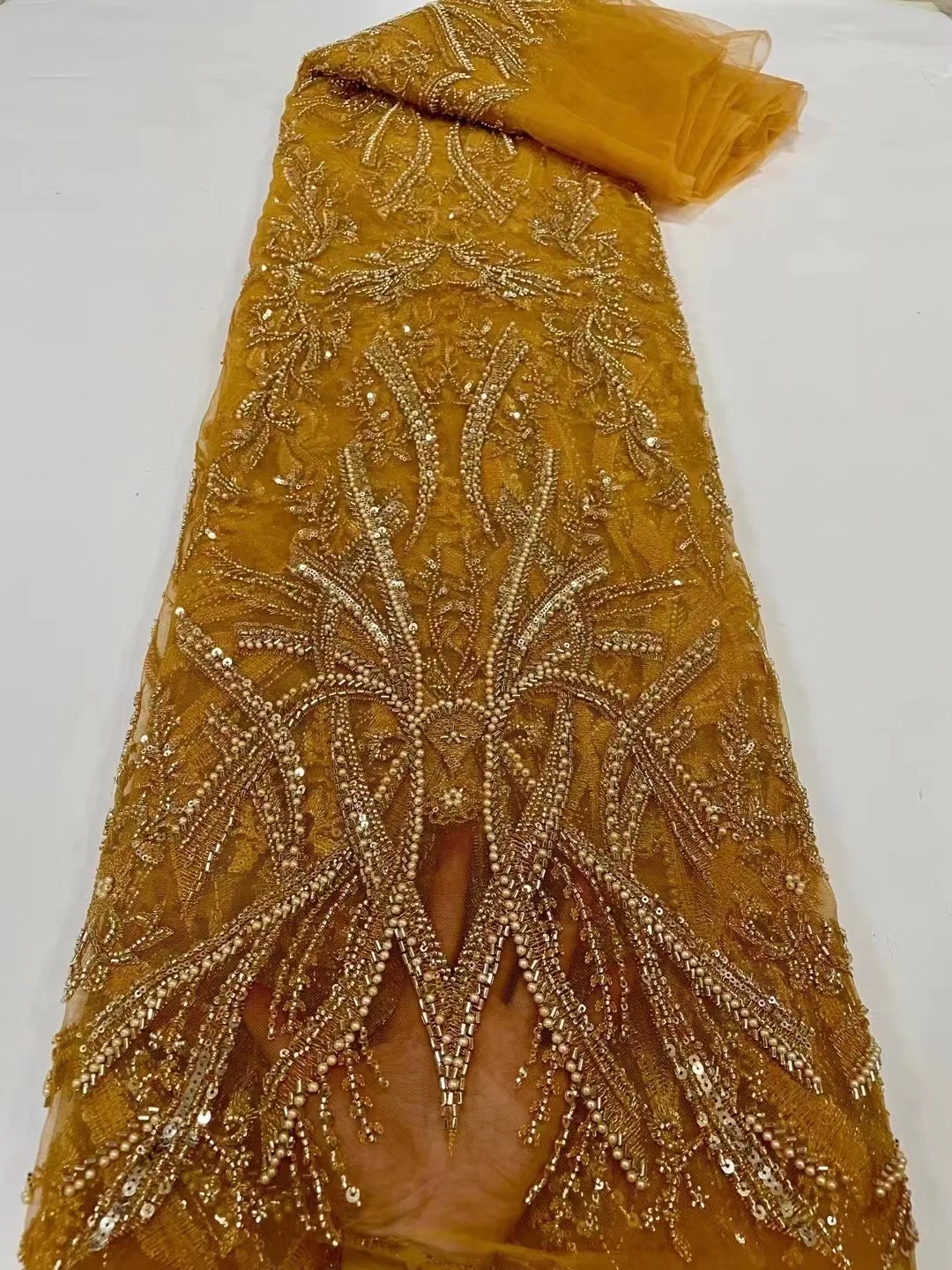Classic African Gold Luxury Beaded And PeralTulle Lace Fabric French Heavy Handmade Sequins Lace Fabric For Bridal Wedding Dress
Classic African Gold Luxury Beaded And PeralTulle Lace Fabric French Heavy Handmade Sequins Lace Fabric For Bridal Wedding Dress