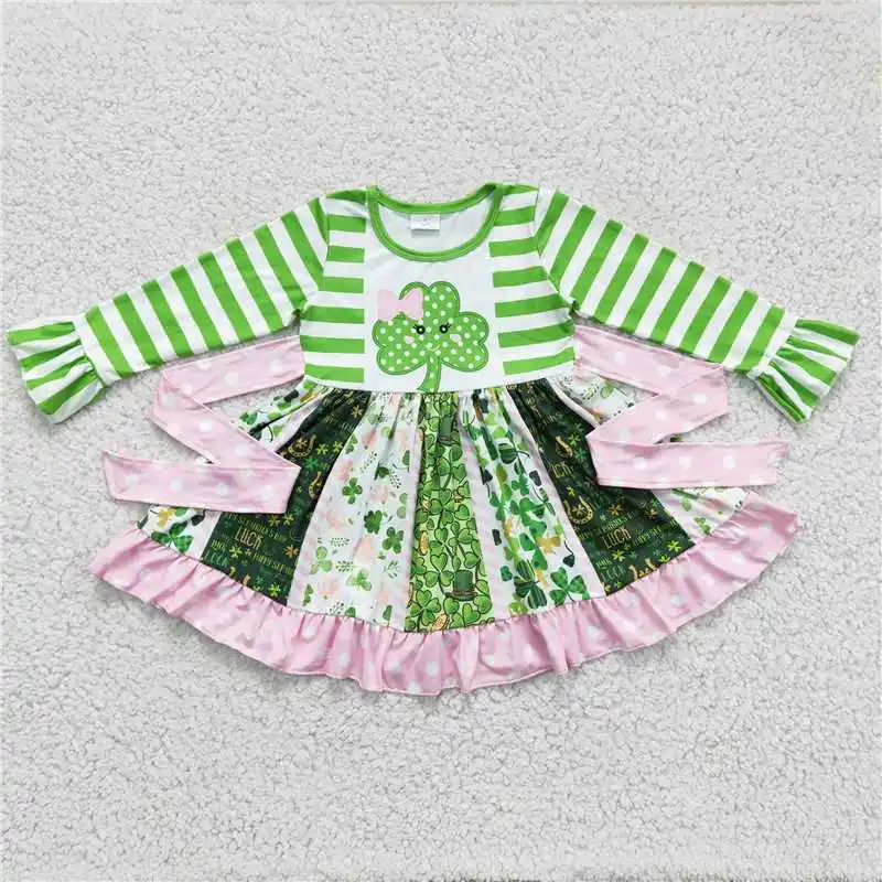 

Wholesale Girls Autumn And Winter Long-Sleeved Dress Multi-Element Pattern Four-Leaf clover Flower Color Bright Splicing Ruffle