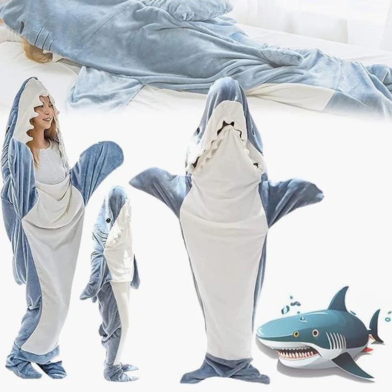 

Cartoon Shark Sleeping Bag Pajamas Dinosaurs Flannel Blanket Soft Fabric Office Cozy Nap Shawl Blanket For Children Adult