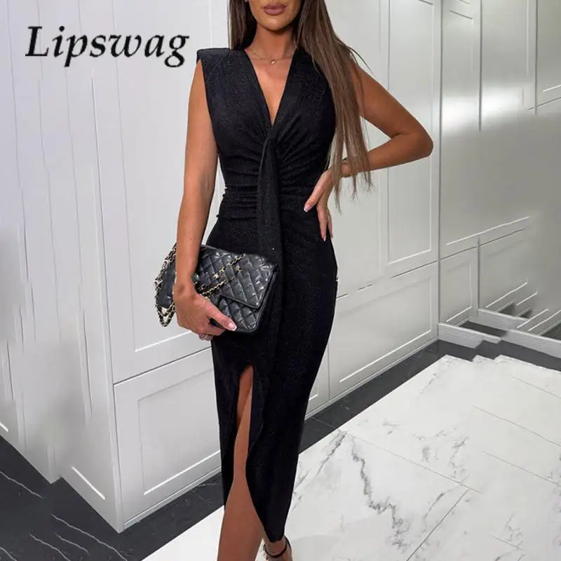 Elegant Sleeveless Skinny Party Dress Sexy Sequin V-Neck Pleated Dating Dress Women High Waist Split Temperament Dress Vestido 
Elegant Sleeveless Skinny Party Dress Sexy Sequin V-Neck Pleated Dating Dress Women High Waist Split Temperament Dress Vestido