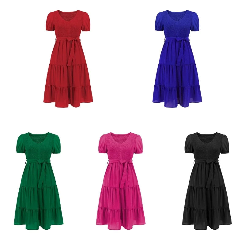 

Women Shirred Tiered Ruffle Hem Puff Short Sleeve Swing Midi Dress V-Neck Smocked High Waist Belted Flowy A-Line Dresses P8DB