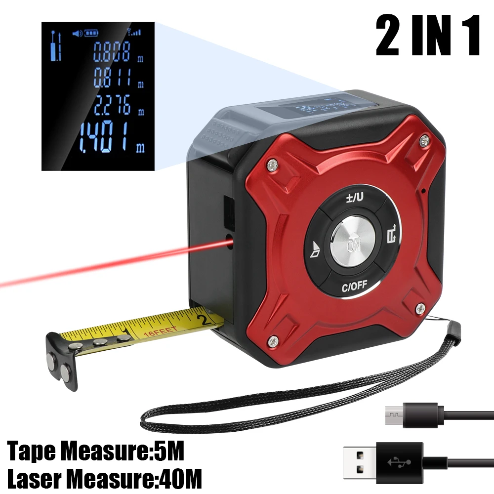 

Distance Meter 40M Laser Rangefinder USB Charging Measuring Device Portable Backlit LCD Display 5M Tape Measure 2 In 1