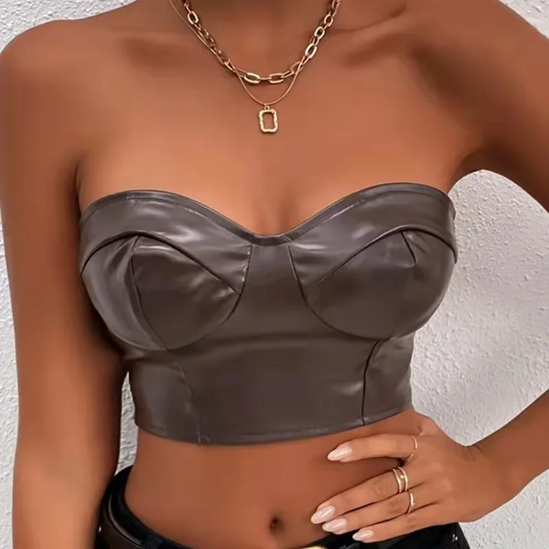 

Sexy Tank Top Glossy PU Leather Halter Crop Tops Women Wrap Chest Bare Midriff Camisole Sleeveless Tube Top Female Cropped Vest