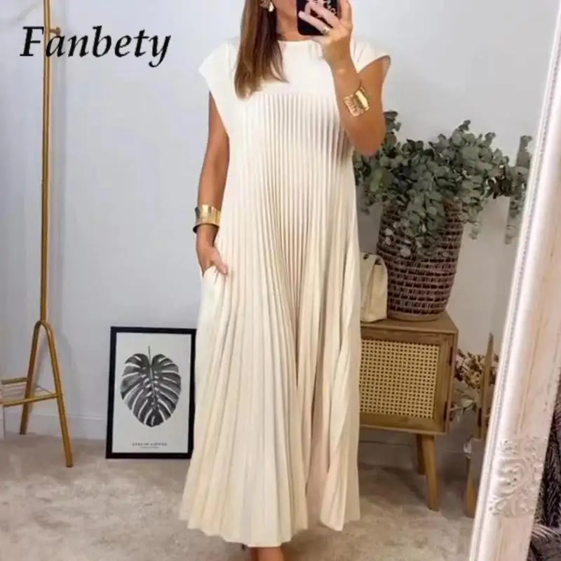 Fashion O-Neck Sleeveless Versatile Dress Women's Solid Color Pleated Pullover Commuter Dress Elegant Office Temperament Dress
Fashion O-Neck Sleeveless Versatile Dress Women's Solid Color Pleated Pullover Commuter Dress Elegant Office Temperament Dress