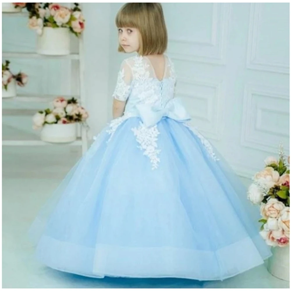 

Flower Girl Dress Tulle Puffy Applique Lace Short Sleeve For Wedding Floor Length With Bow Pageant Gowns Kids First Communion