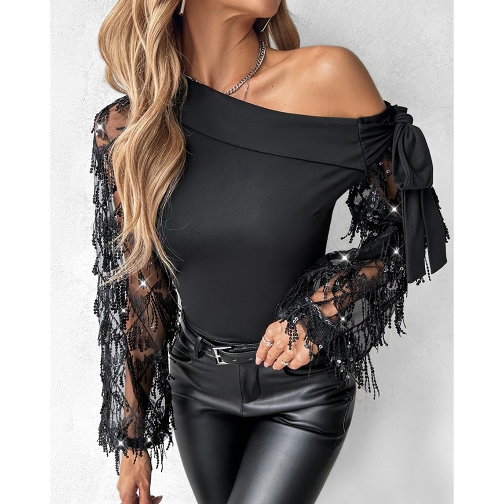 

2024 Women One Shoulder Tassel Decor Long Sleeve Blouse Spring Fashion Office Lady Sexy Bowknot Shoulder Top Workwear