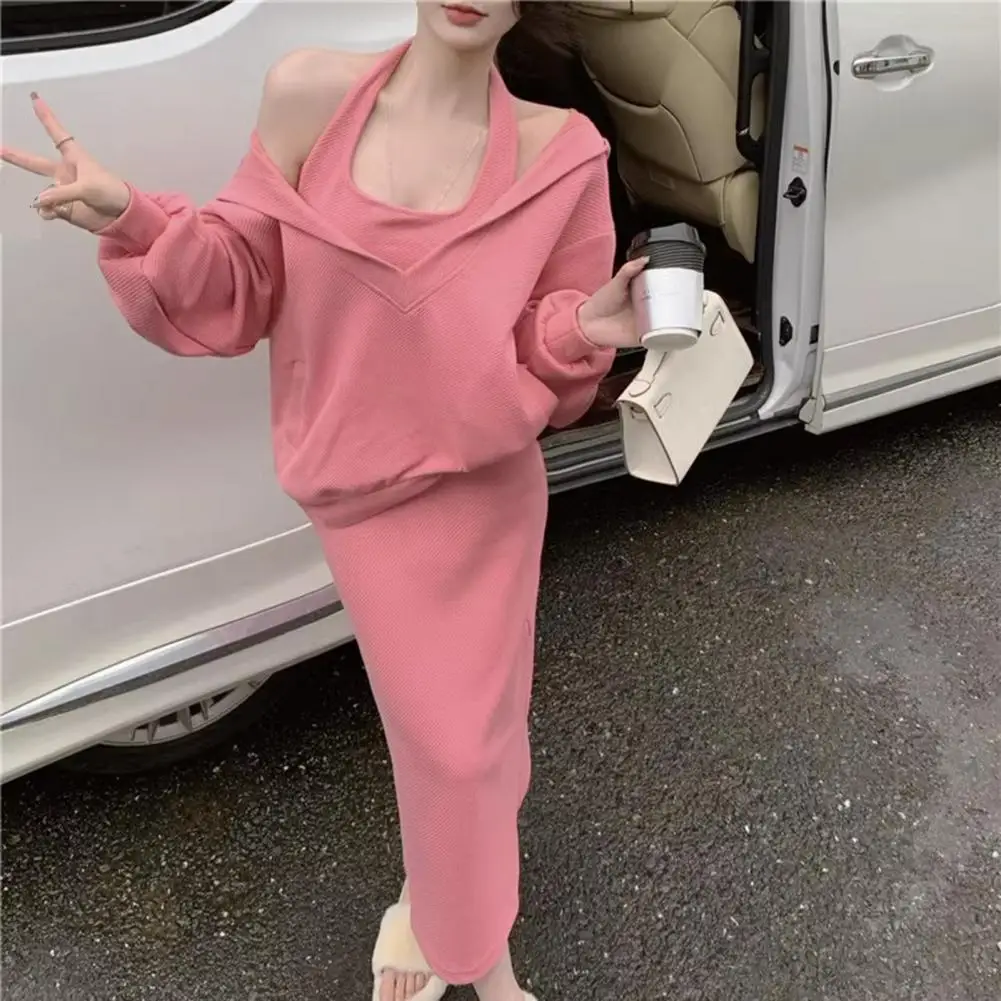 Elegant Maxi Dress Suit Stylish Women's Hoodie Dress Set with V Neck Top Maxi Dress 2 Piece Set for Casual Commute Outfits Women
Elegant Maxi Dress Suit Stylish Women's Hoodie Dress Set with V Neck Top Maxi Dress 2 Piece Set for Casual Commute Outfits Women