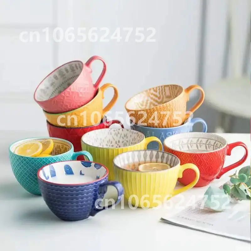 

Hand-painted Ceramic Vintage Coffee Cup - Creative Cafe Bar Supplies for Embossed Personality - Colorful Breakfast Cup with Han