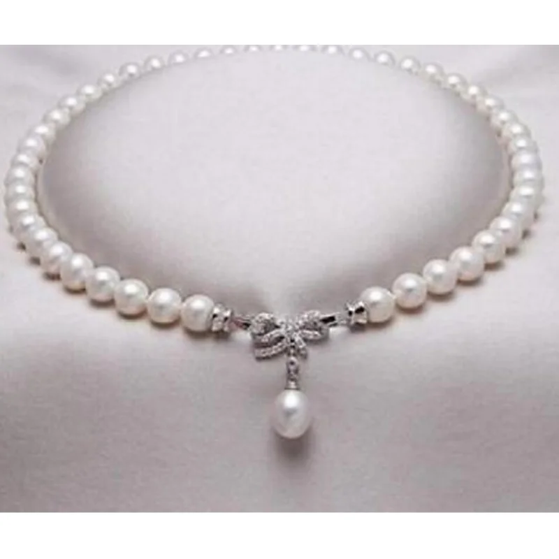 

Fashion jewelry 9-10mm south sea natural white pearl necklace 18inch silver clasp 10~12mm pendant.