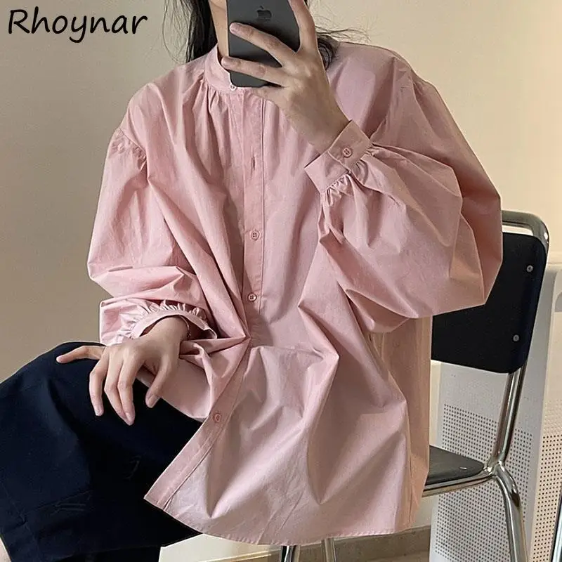 

Baggy Sweet Shirts Women Solid O-neck Students All-match Popular Harajuku Long Camisas Chic Young Simple Lantern Sleeve Designed