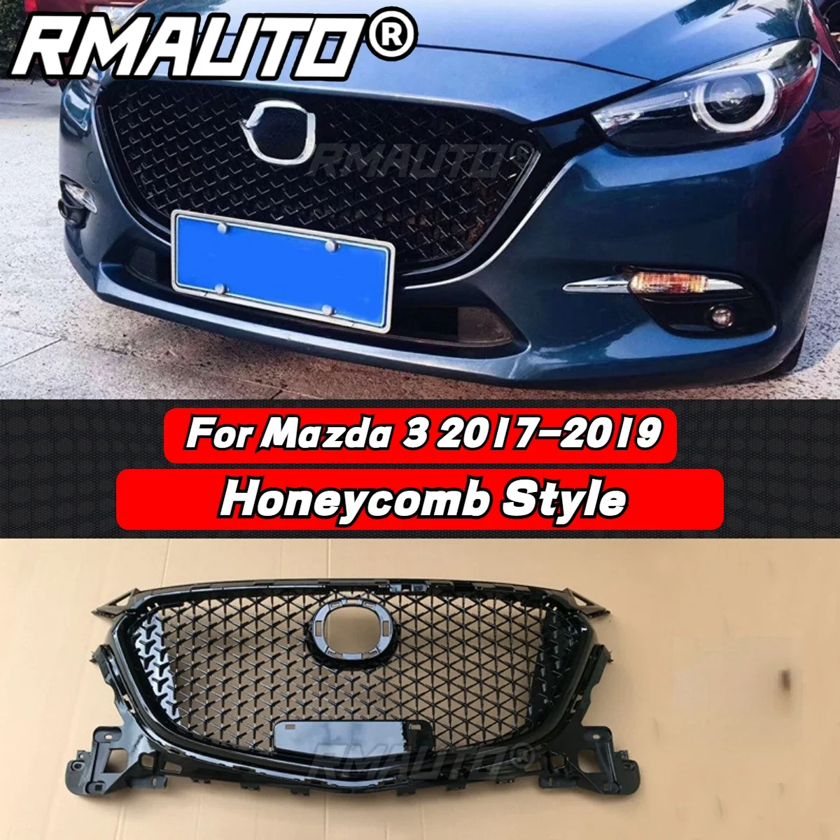 

For Mazda 3 Axela 2017-2019 Honeycomb Style Racing Grill Gloss Black Front Bumper Grille Body Kit Mazda 3 Axela Car Accessories