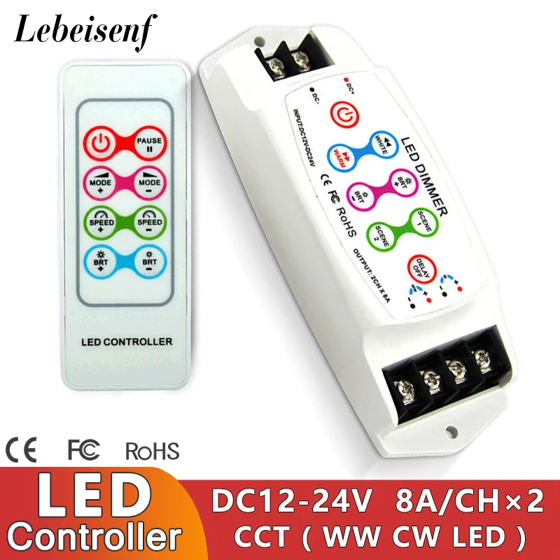 8A/CH 2-channel LED CCT Dimming Controller Constant Voltage PWM Signal Dimmer DC 12V 24V 16A with RF Remote for Dual Color Strip
8A/CH 2-channel LED CCT Dimming Controller Constant Voltage PWM Signal Dimmer DC 12V 24V 16A with RF Remote for Dual Color Strip