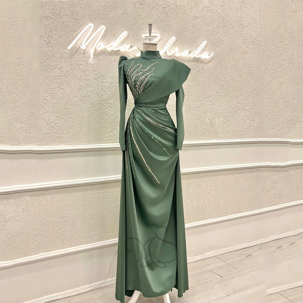 

Green Formal Evening Dresses High Neck Full Sleeves Prom Gowns Satin With Beading Floor Length Mermaid فساتين سهره فاخرة طويلة