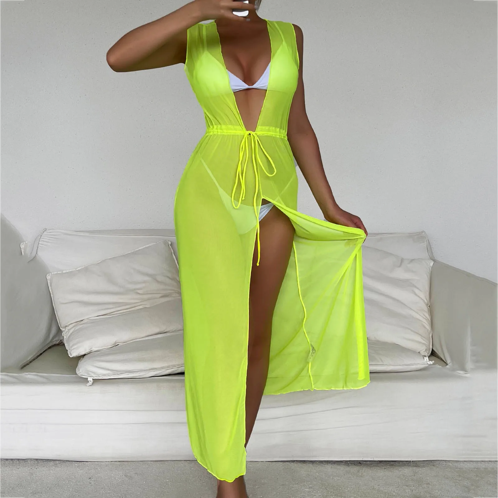 Sexy V-Neck Split Fork Cover Up Dress Women Bikini Drawstring Waist Knot Cover Up Sheer Mesh Dress Summer Beach Wrap Dress
Sexy V-Neck Split Fork Cover Up Dress Women Bikini Drawstring Waist Knot Cover Up Sheer Mesh Dress Summer Beach Wrap Dress