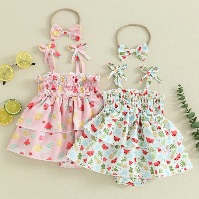 

Lioraitiin Kid Baby Girl Watermelon Print Romper Dress Sleeveless Tie Up Spaghetti Ruffle Bodysuit Headbands Summer Outfits