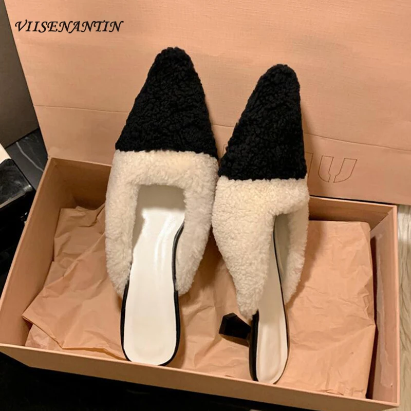 Sexy Lady Pointed Toe Kitten Heel Slippers Women Mixed Color Wool Fur Half Slippers Outdoor Wear Slip on Mules Shoes New Arrival 
Sexy Lady Pointed Toe Kitten Heel Slippers Women Mixed Color Wool Fur Half Slippers Outdoor Wear Slip on Mules Shoes New Arrival