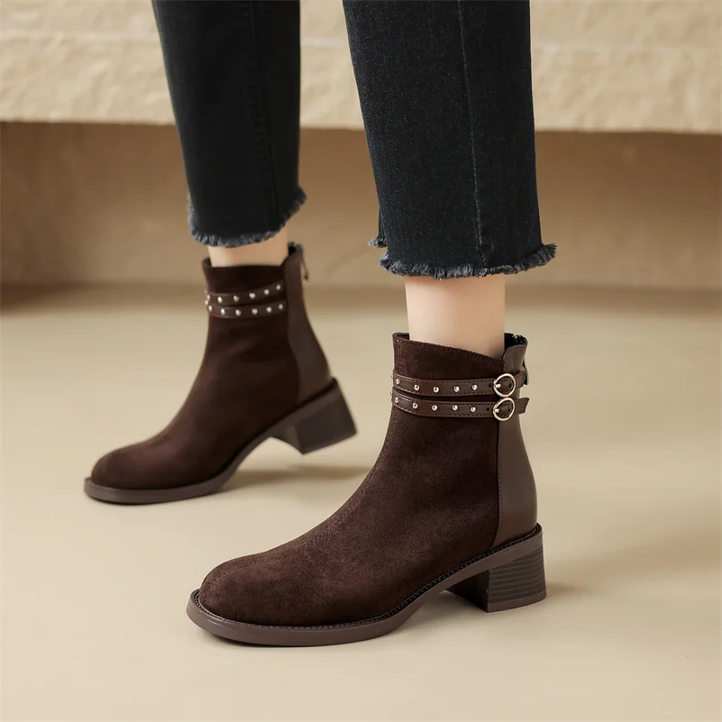 

Low Block Heeled Ankle Boots For Woman Chunky Heel Buckled Suede Booties Botas