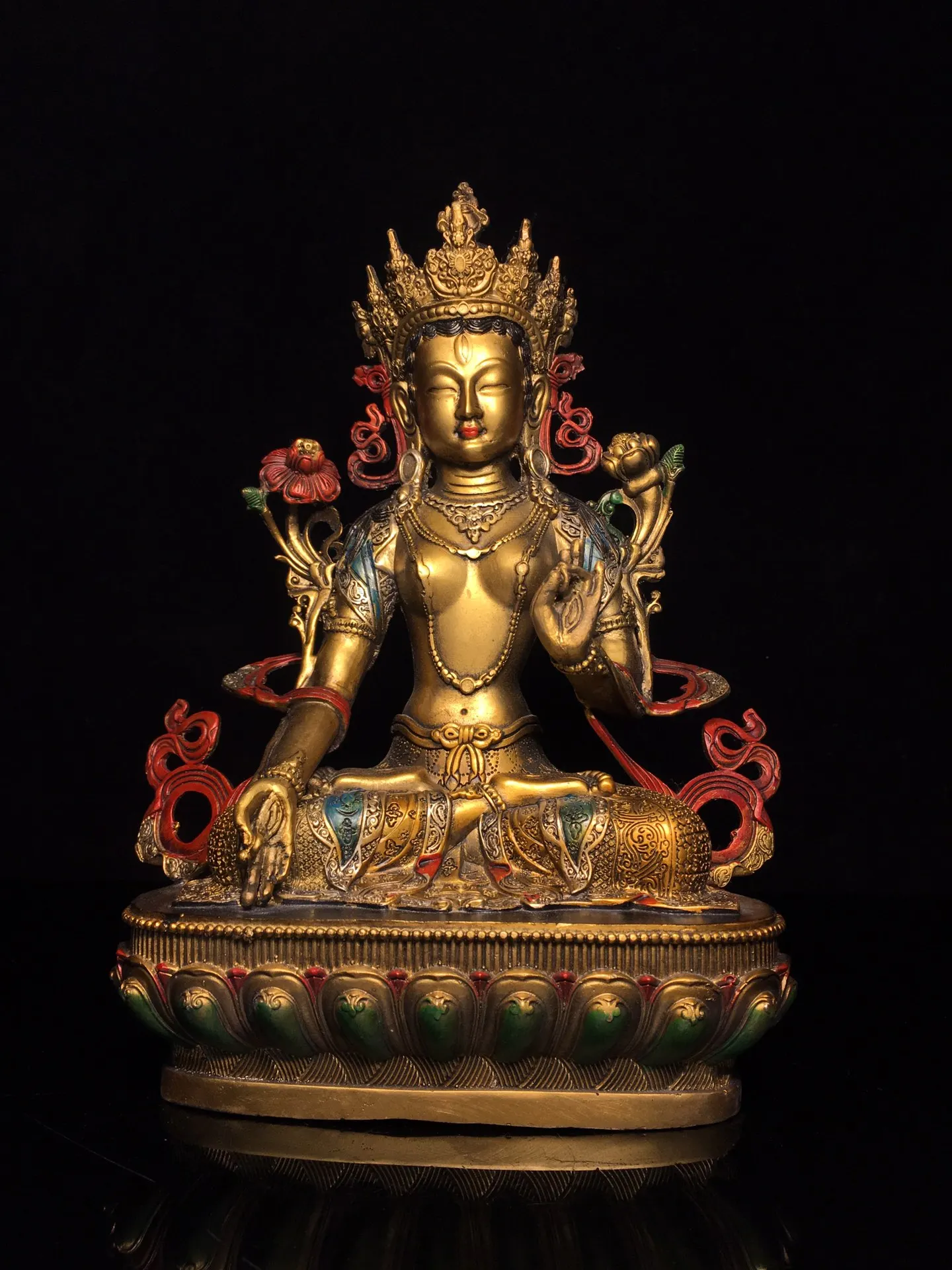 Коллекция тибетских храмов, старинная бронзовая окрашенная белая подсветка Тара Будды, платформа лотоса, поклонение, зал, городской домик, 12 дюймов 
Коллекция тибетских храмов, старинная бронзовая окрашенная белая подсветка Тара Будды, платформа лотоса, поклонение, зал, городской домик, 12 дюймов