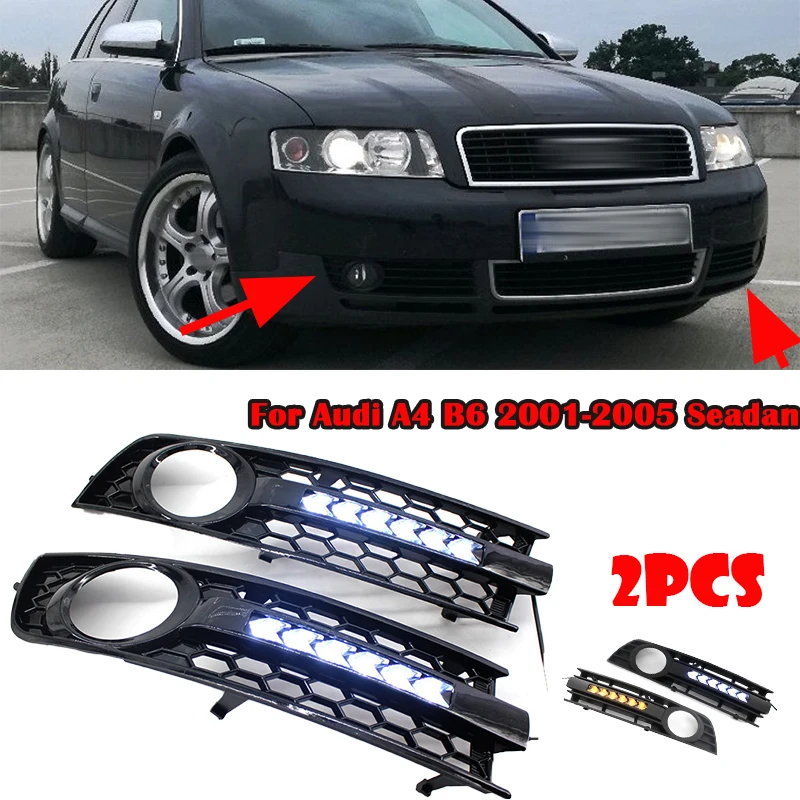 

2pcs Car Runing DRL Turn Signal Fog Light Cover Grille LED For Audi A4 B6 Sedan 2001 2002 2003 2004 2005 Matt Black