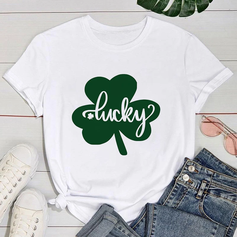 

(Premium T-shirt)Funny St. Patrick'S Day Clover Lucky Print T-Shirts For Women Summer Round Neck Tee Shirt Femme Fashion Top