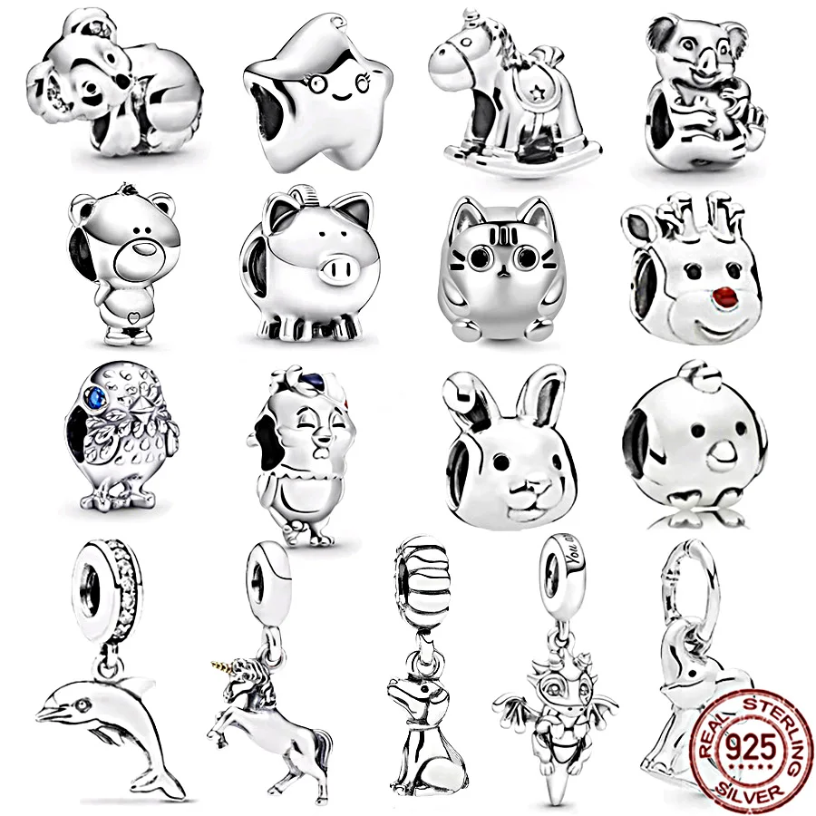 

DIY Charm Jewelry New Animal Series 925 Sterling Silver Dragon Cat Dog Owl Koala Horse Dangle Bead Fit Original Pandora Bracelet