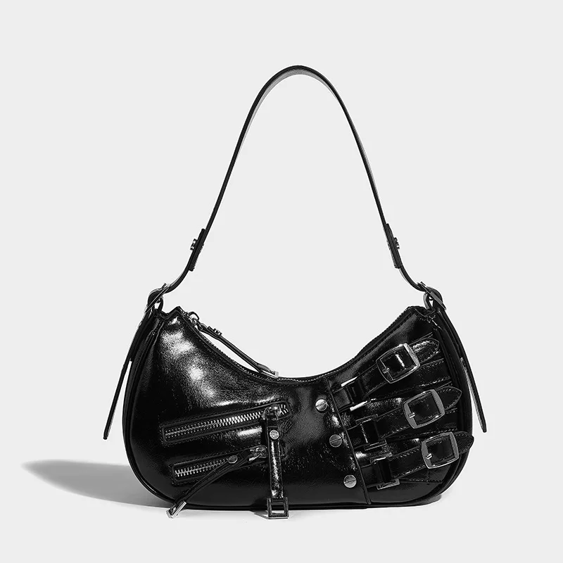 

Y2K Spicy Girl Denim Leather Underarm Bag Fashion Punk Rivets Zipper Pockets Women's Shoulder Bag Female Armpit Bag Sac A Main