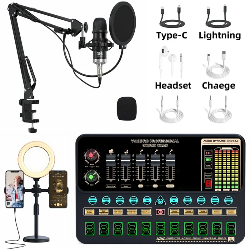 

V10XPro Sound Card Studio Mixer Singing Noise Reduction Microphone Voice BM800 Live Broadcast Phone Computer Record V10X Pro USB