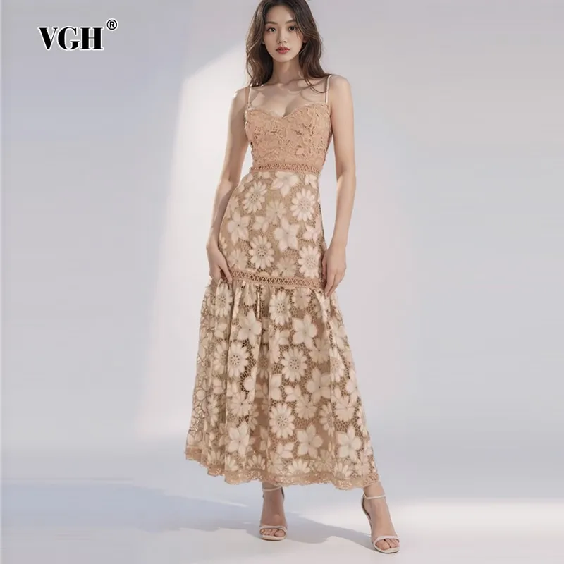 

VGH Hit Color Hollow Out Backless Dress For Women V Neck Sleeveless High Waist Spliced Embroidery Temperament Dresses Female New