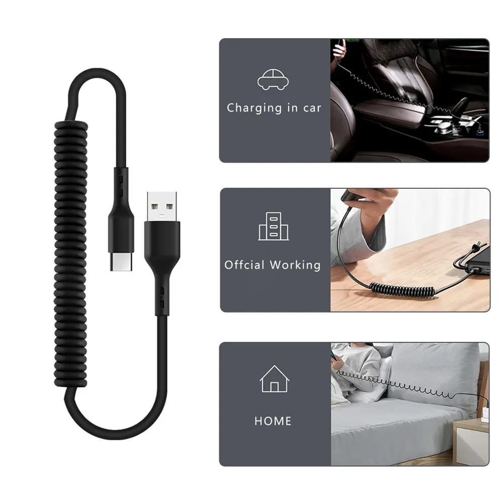 

40W 5A USB Type C Data Cable Micro USB Spring Pull Telescopic Fast Charging Cable for Android Phone Accessories Car USB Cable