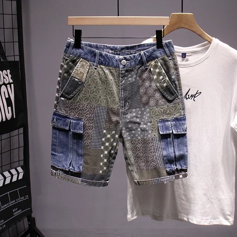 

Trendy paisley denim shorts men's summer casual hip hop fashion brand printing fifth pants Street multi-pocket middle pants