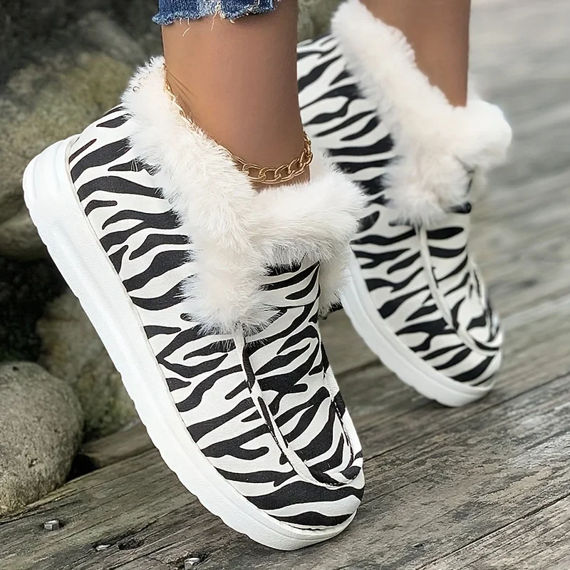 Женские зимние ботинки с принтом зебры, зимняя обувь на плюшевой подкладке без застежек, уличные Теплые ботильоны на плоской подошве 
Женские зимние ботинки с принтом зебры, зимняя обувь на плюшевой подкладке без застежек, уличные Теплые ботильоны на плоской подошве
