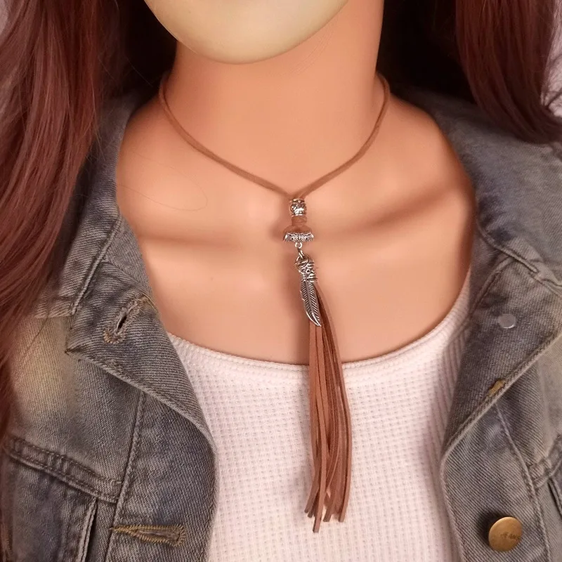 Women's Adjustable Vintage Boho Tassel Necklace Long Faux Suede Leather Cord with Western Feather Pendant for Women Daily Wear Women's Adjustable Vintage Boho Tassel Necklace Long Faux Suede Leather Cord with Western Feather Pendant for Women Daily Wear