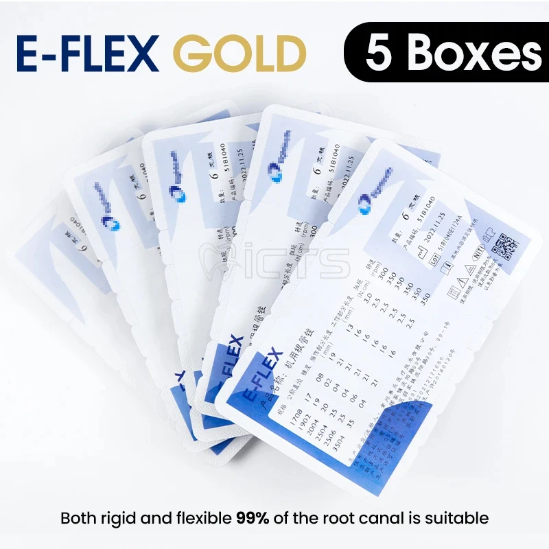 5 boxes E-FLEX GOLD Sharp Cutting Flutes Root Canal Treatment New NiTi Technology & Smooth Cutting Blades Safety Non-cutting Tip
5 boxes E-FLEX GOLD Sharp Cutting Flutes Root Canal Treatment New NiTi Technology & Smooth Cutting Blades Safety Non-cutting Tip