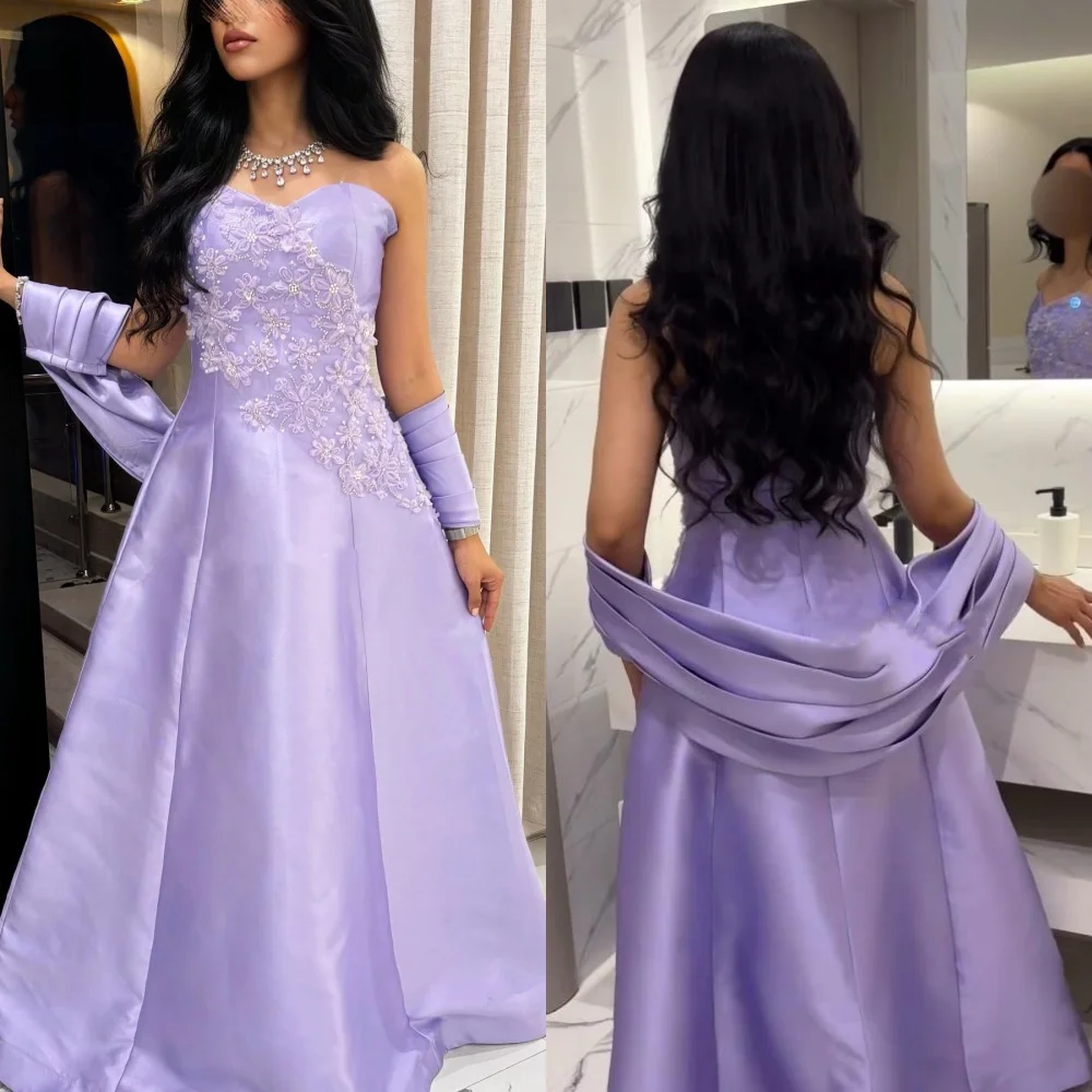

Satin Applique Draped Pleat Celebrity A-line Strapless Bespoke Occasion Gown Long Dresses