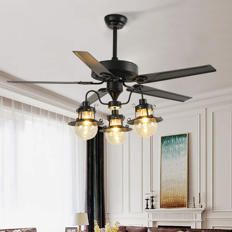 

Industrial Retro Black Ceiling Fans With Light European-style Living Room Bedroom Warm Light Led Chandeliers RC Fan Ventilators