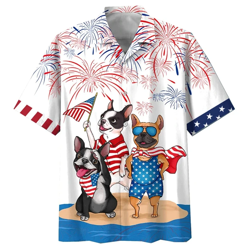 

New Hawaiian Vintage USA Flag Shirts For Men Dog 3D Print Man Clothing Funny Beach Harajuku Summer Floral Blouse Retro Social