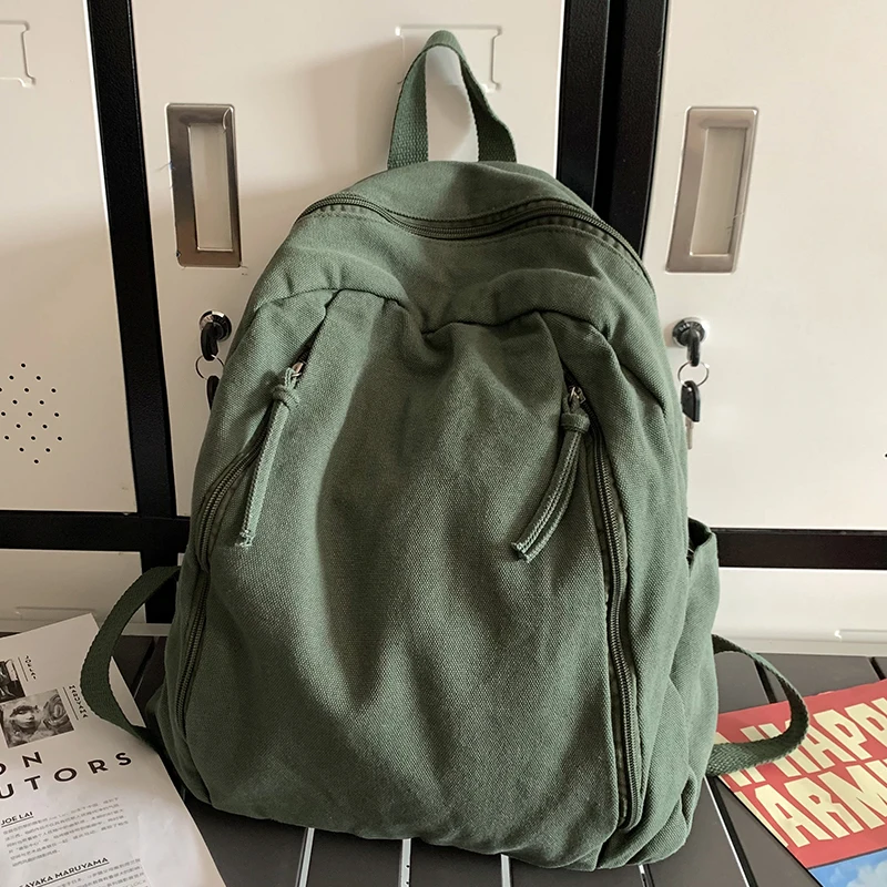 

Lovers' Large Travel Backpack Green Canvas Eco-friendly Students Unisex School Rucksacks Multi Pocket Sweethearts Camp Knapsack