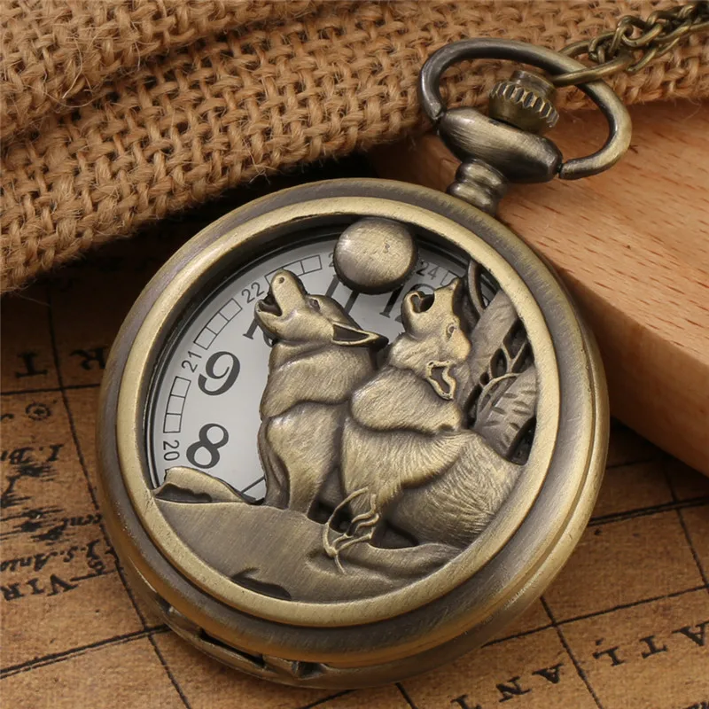 

Bronze Double Wolf Moon Design Analog Quartz Pocket Watch Necklace Chain Retro Pendant Clock for Men Women Timepiece Gift