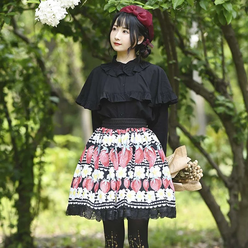 

Ainclu Original Japanese Soft Sister Black Fashion Strawberry Print Lace Pleated Short Lolita Skirt Gift Socks