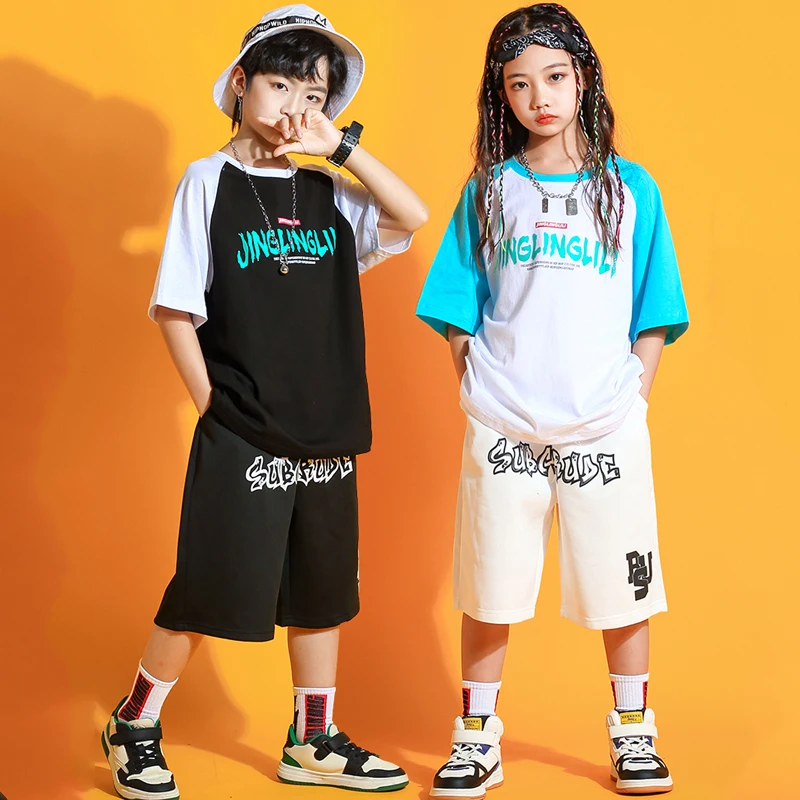 

Children'S Street Dance Clothes Kids Hip-Hop Clothing Boys Short-Sleeved Jazz Dance Costume Girls Kpop Catwalk Outfit SL7075