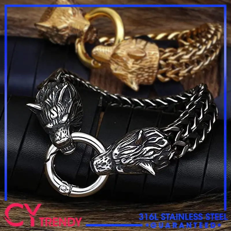 

7-9 inches 19/21/23cm Men's Stainless Steel Norse Viking Fenrir Wolf Head Bracele
