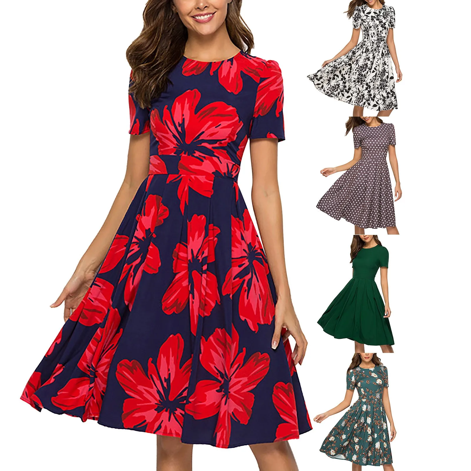 

Women's A Line Dresses Vintage Floral Printed Short Sleeve Round Neck Party Dresses Summer Versatile Casual Mid Length Dress