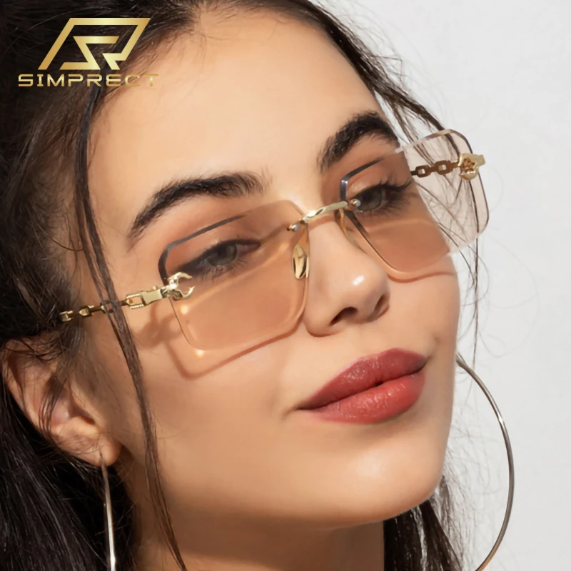 

SIMPRECT Square Rimless Sunglasses Women 2023 Luxury Brand Designer Quality Sun Glasses Fashion Retro Vintage Shades For Women