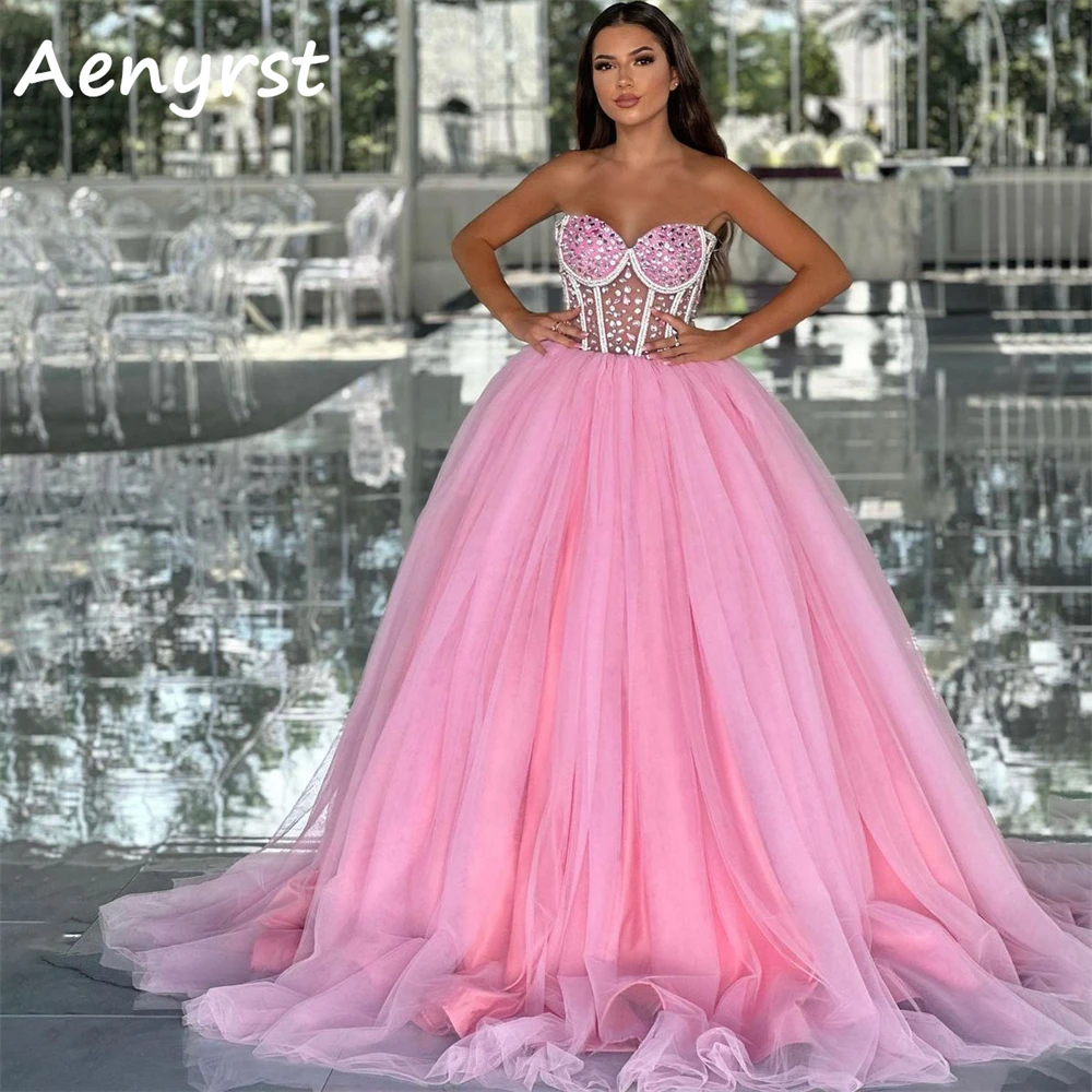 Aenyrst Pink Sweetheart Crystal Prom Dresses Tulle Sleeveless Saudi Arabia Evening Gowns Floor Length Formal Occasion Dress 2024
Aenyrst Pink Sweetheart Crystal Prom Dresses Tulle Sleeveless Saudi Arabia Evening Gowns Floor Length Formal Occasion Dress 2024