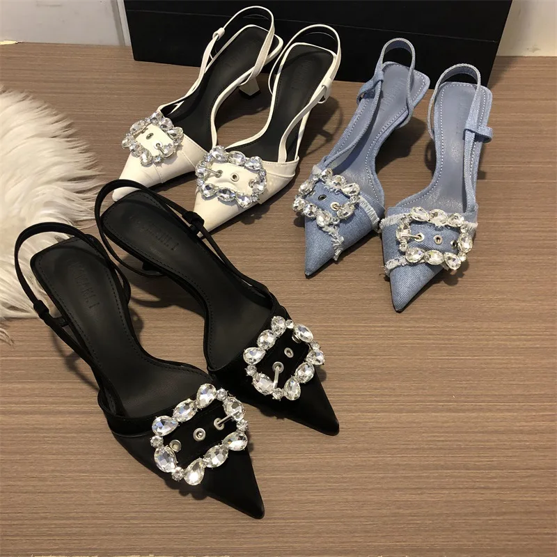 

Pointed Toe Slingback Sandals Women Square Button Rhinestone Elegant Designer Sandals Satin Glisten Low Heel Denim Mule Shoes